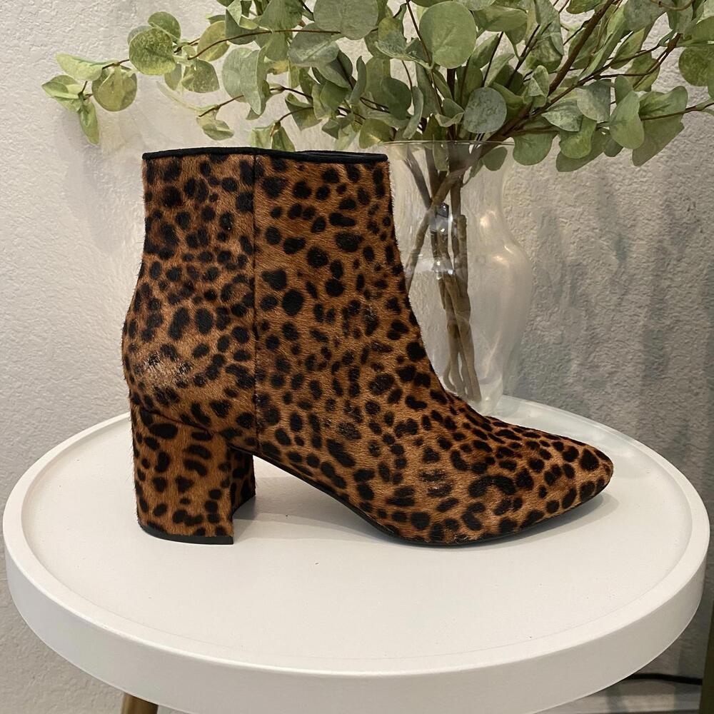 Marc Fisher Gismo Leather Calf Hair Leopard Bootie Heel 8 Excellent